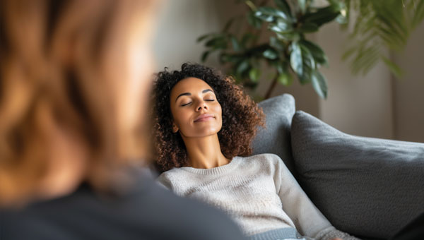 Patient resting peacefully on a couch after ketamine therapy
