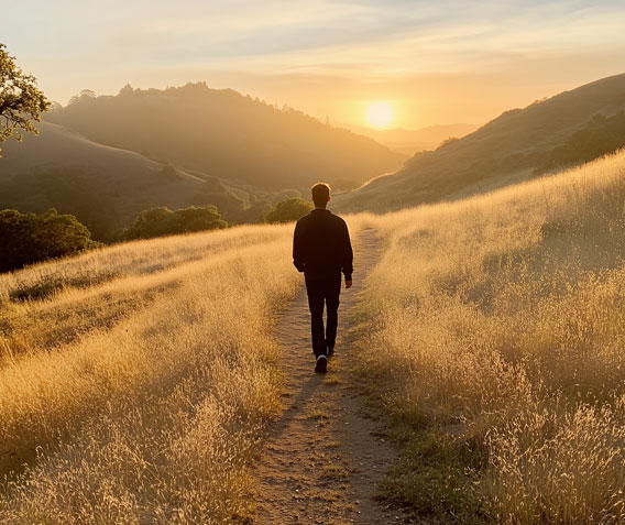 Person walking on a trail into the sunrise