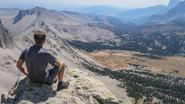 A thoughtful man looking out onto a mountain valley