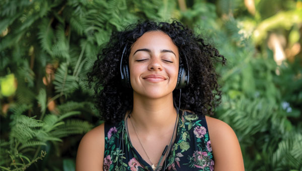 Woman smiling wearing headphones